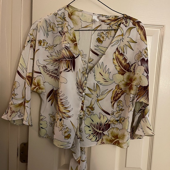 Tropical Floral Blouse - White and Brown - Picture 1 of 2